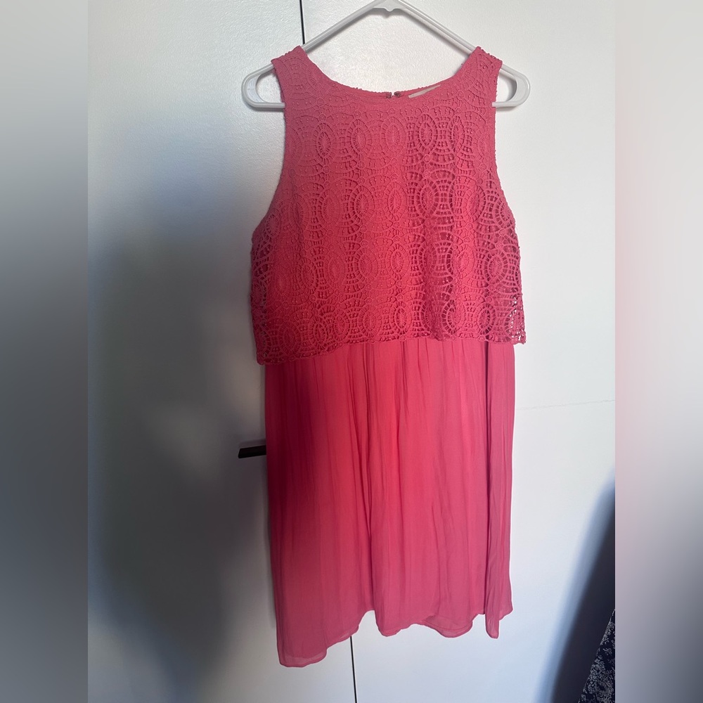 Ann Taylor LOFT Coral A-Line Dress with a Crochet Overlay at Bodice - Size 14